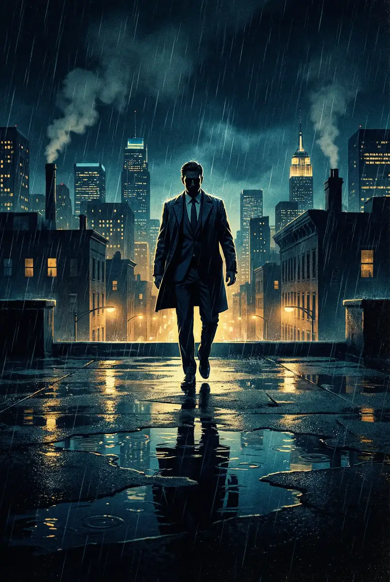 锦衣卫高清下载 出品影片《雨夜独行者》海报，雨中城市屋顶男性剪影